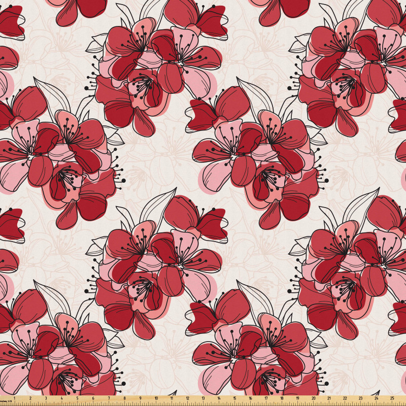 Bitki Mikrofiber Parça Kumaş Kırmızı Çiçek Silüeti Çizimli Duvar Kağıdı