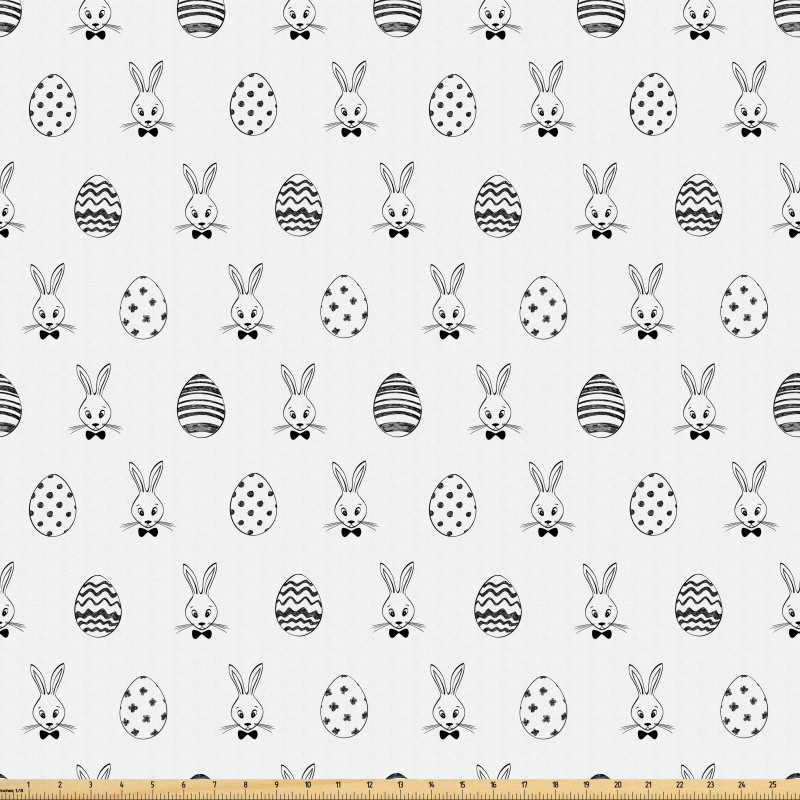 Paskalya Mikrofiber Parça Kumaş Monokrom Tavşanlar ve Desenli Yumurtalar
