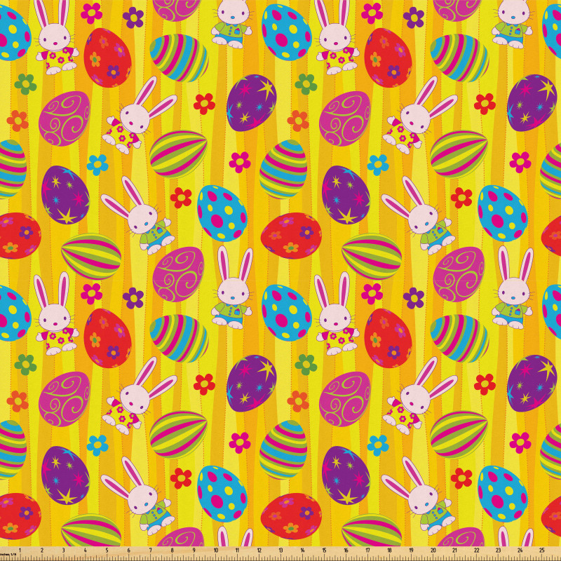 Bayram Mikrofiber Parça Kumaş Dalgalı Zeminde Tavşan ve Yumurta Çizimleri