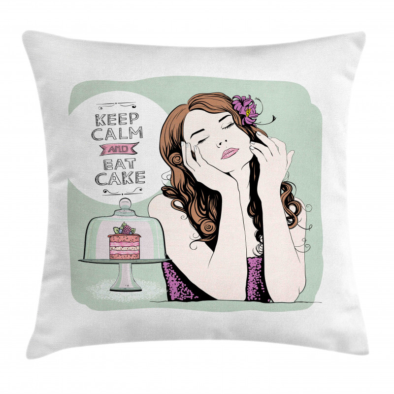 Eat Cake Text and Woman Pillow Cover