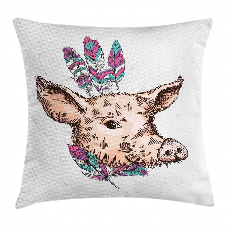 Pig Portrait Feathers Pillow Cover