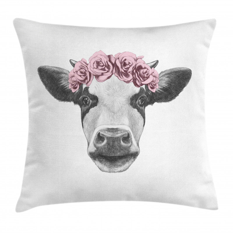 Cow with Roses Wreath Pillow Cover