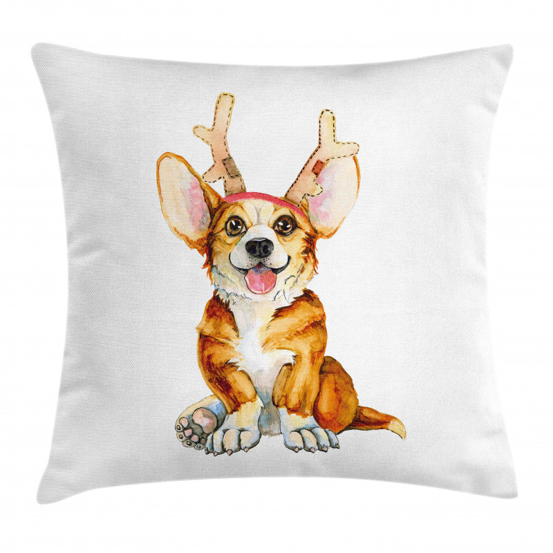 Corgi Dog with Deer Antlers Pillow Cover