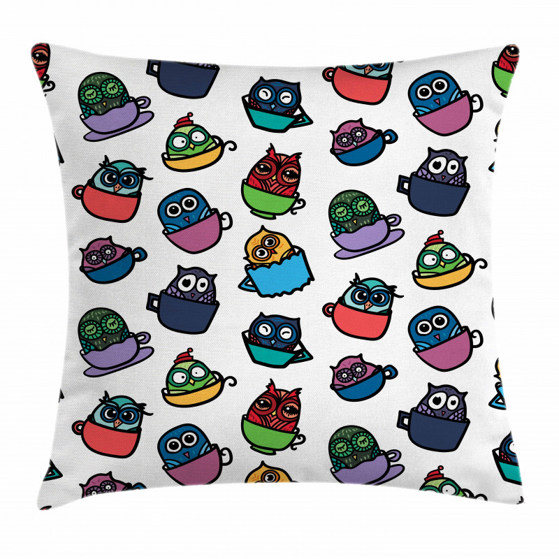 Funny Owl in Coffee Mug Pillow Cover
