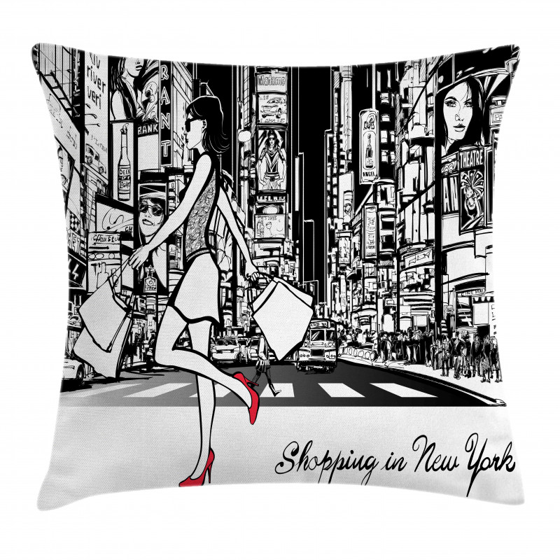 Lady Passing Crowded City Pillow Cover