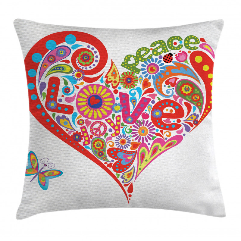 Colorful Peace Heart Pillow Cover