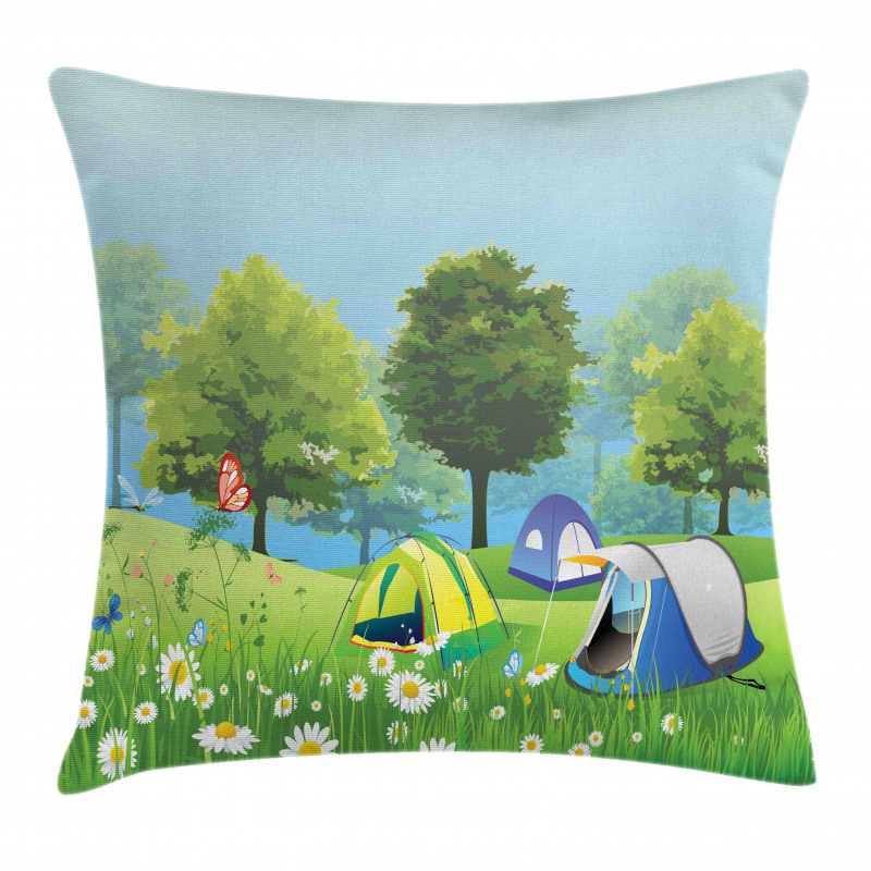 Tents in Spring Forest Pillow Cover