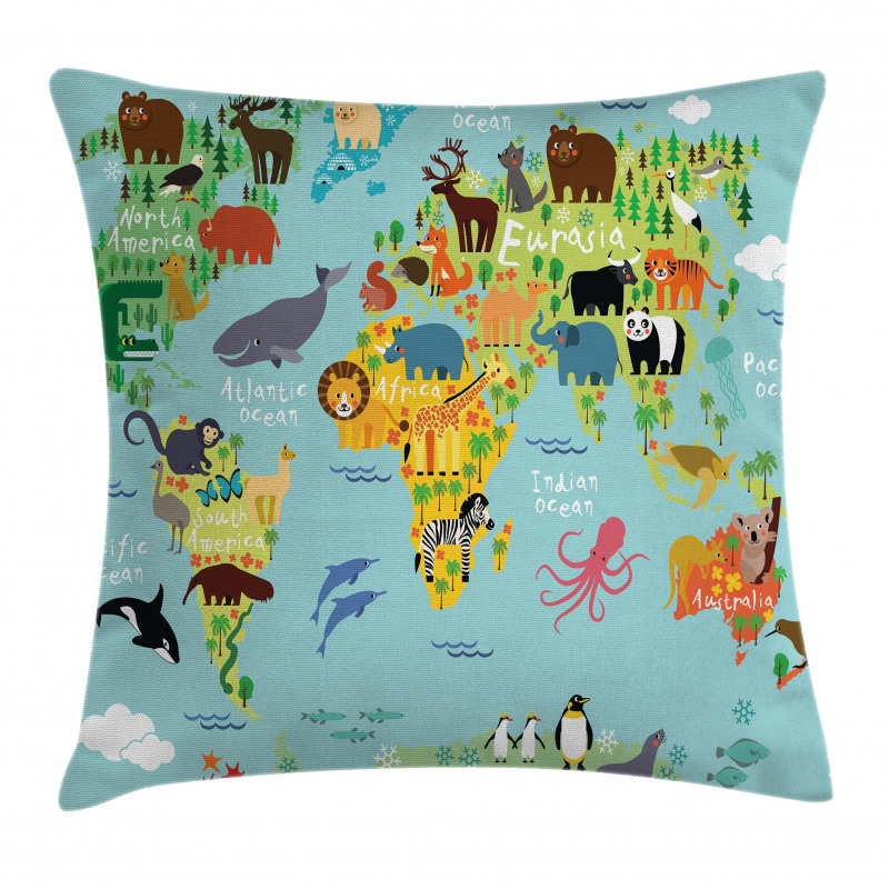 Animal Map of the World Pillow Cover