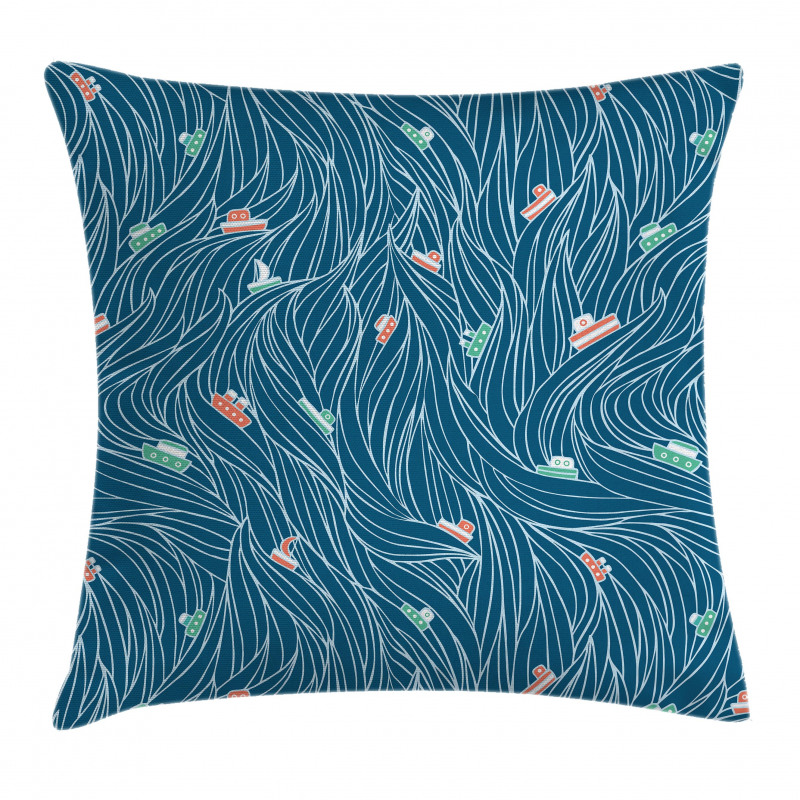 Waves and Ships Cartoon Pillow Cover
