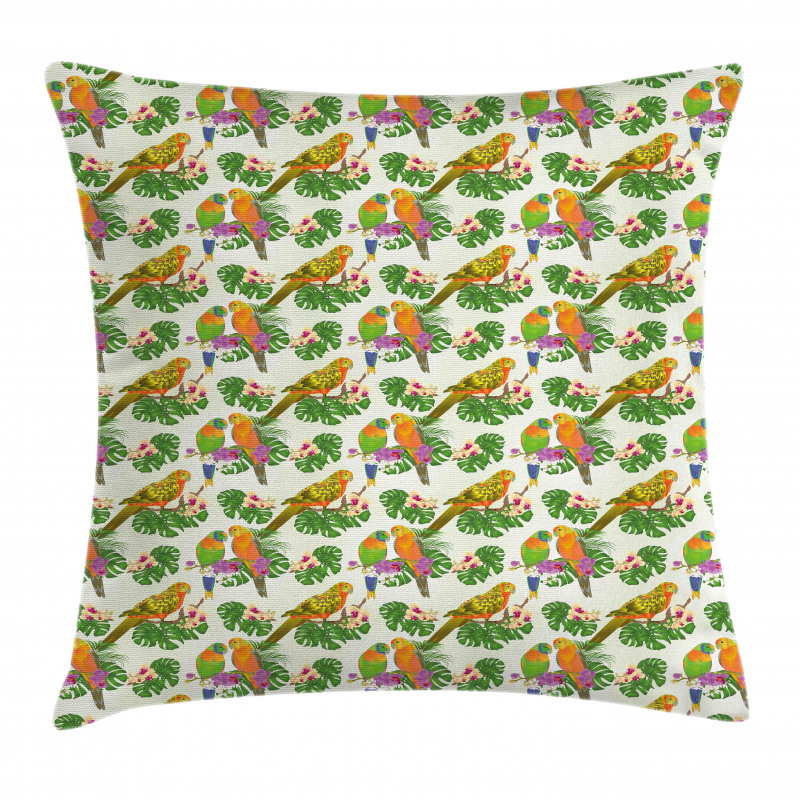 Vivid Floral Parrots Pillow Cover