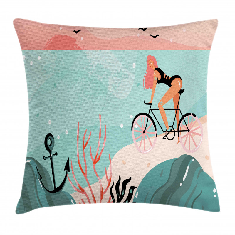 Woman Cycling in Sea Pillow Cover