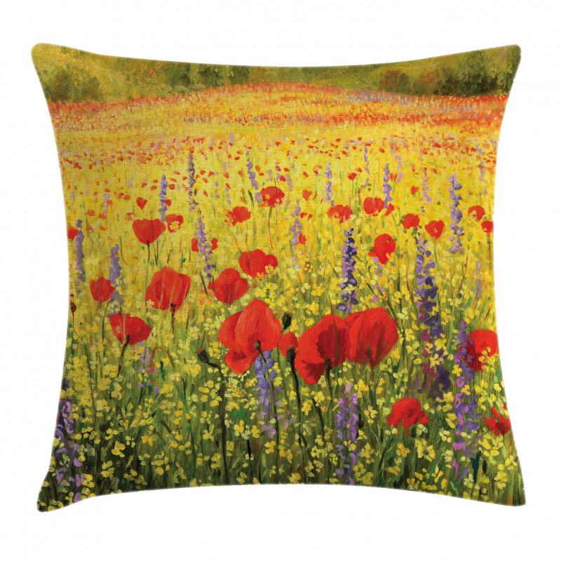 Field with Poppies Farm Pillow Cover