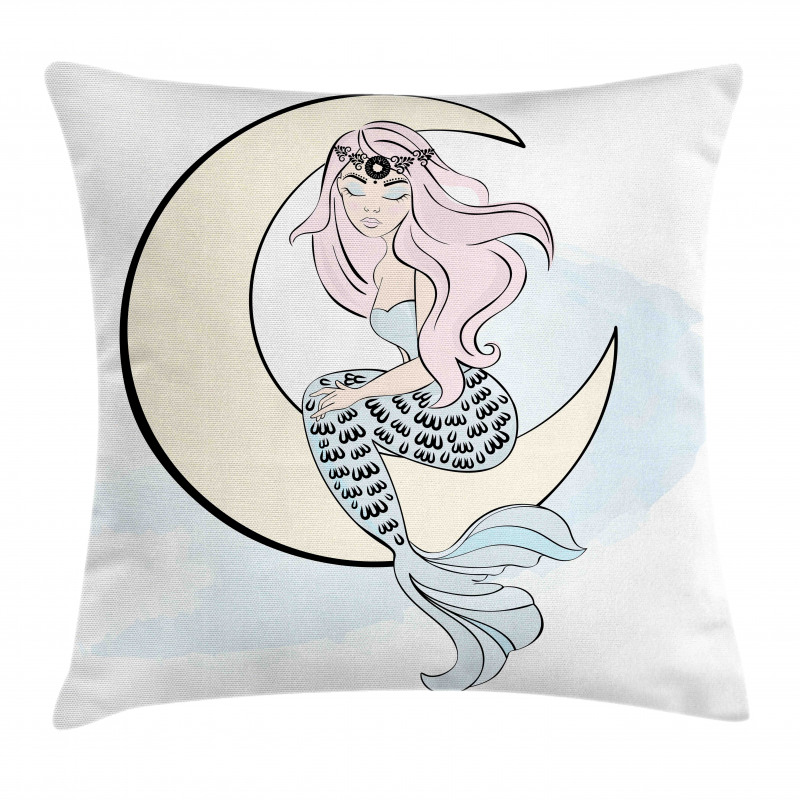 Mermaid Girl on Crescent Pillow Cover