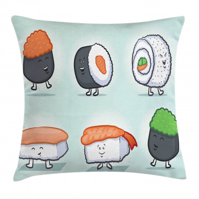 Funny Happy Sushi Characters Pillow Cover