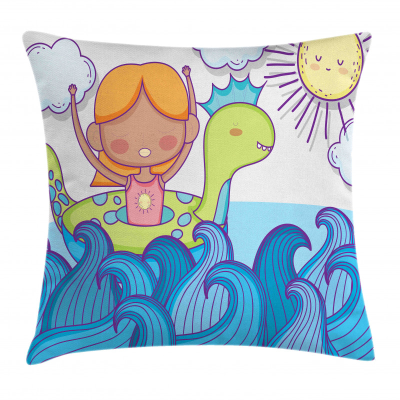 Swimming Wheel Girl Waves Sun Pillow Cover