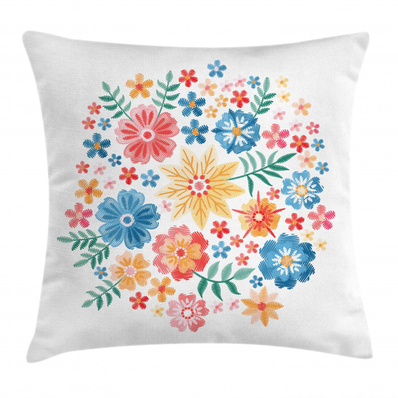 Colorful Folk Flowers Circle Pillow Cover