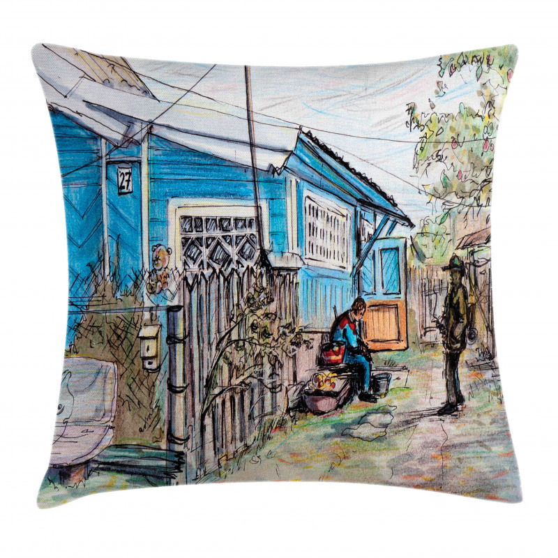 Hand Drawn Humans and House Pillow Cover