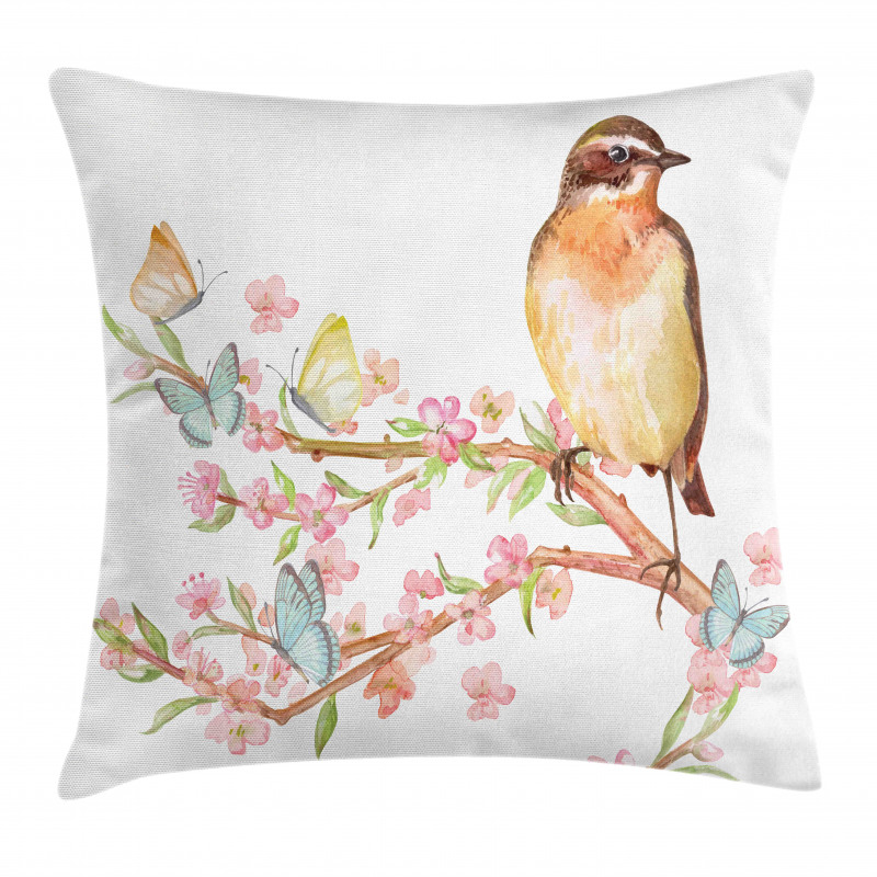 Bird on a Blossoming Tree Pillow Cover