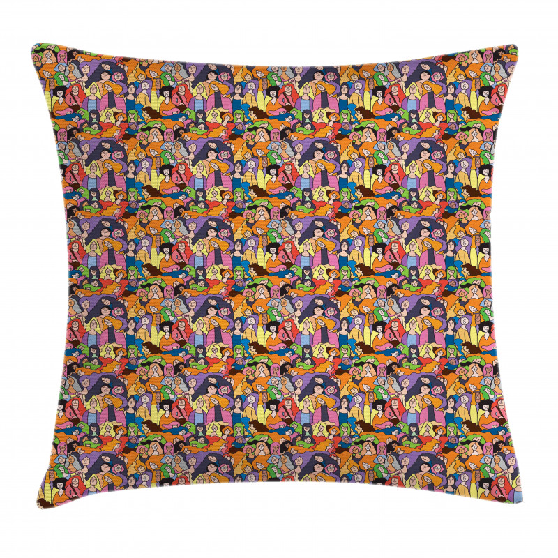 Doodle Style Many Women Pillow Cover