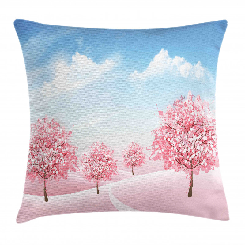 Blooming Sakura Trees Scene Pillow Cover