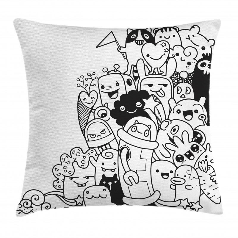 Monotone Monster Characters Pillow Cover