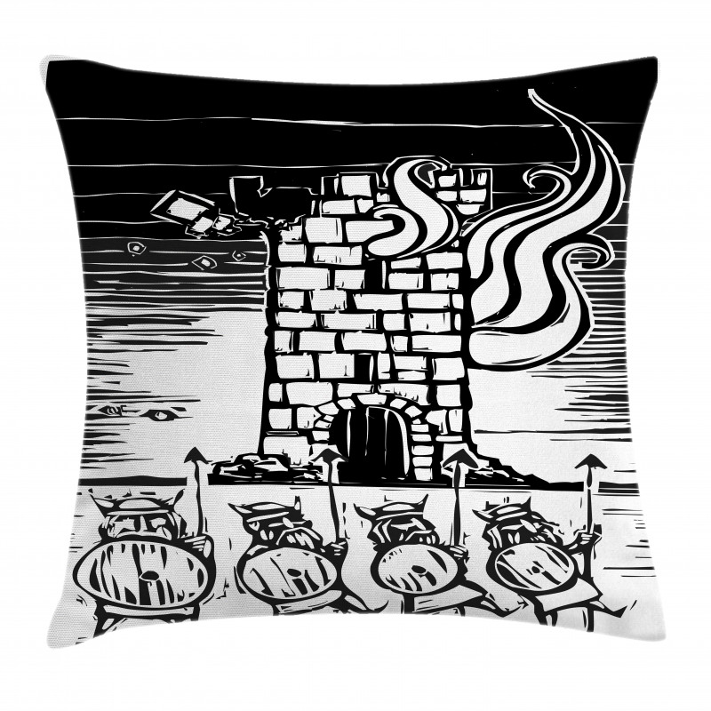 Woodcut Style Viking Tower Pillow Cover