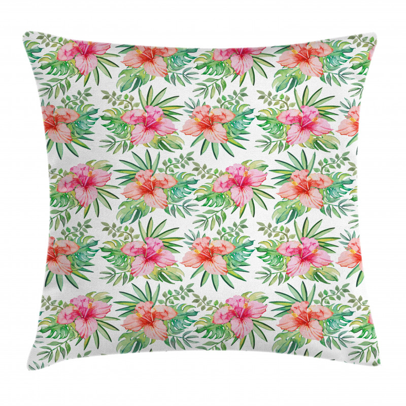 Hibiscus Monstera Palm Leaves Pillow Cover