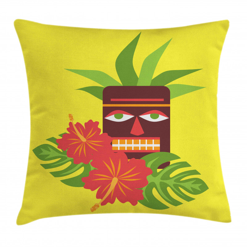 Tiki Mask and Exotic Hibiscus Pillow Cover