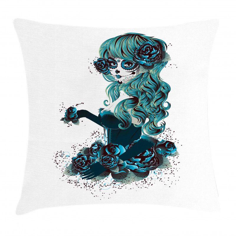 Grunge Skull Girl Roses Pillow Cover