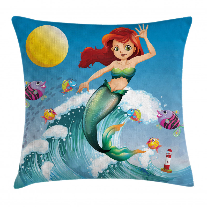 Wave with Cartoon Fish Pillow Cover