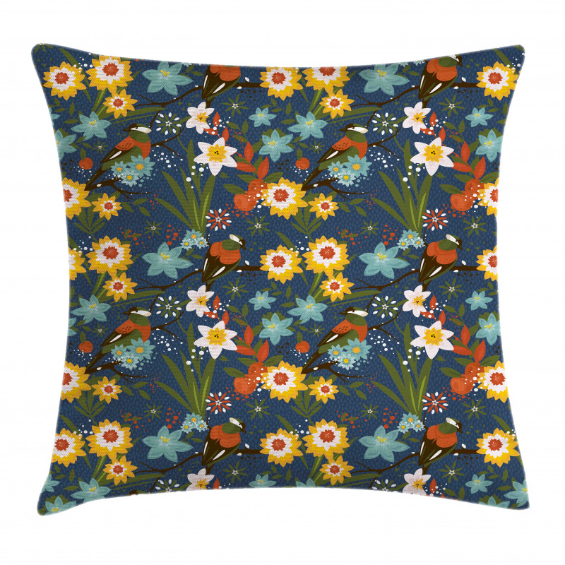 Vintage Birds Blossoms Art Pillow Cover