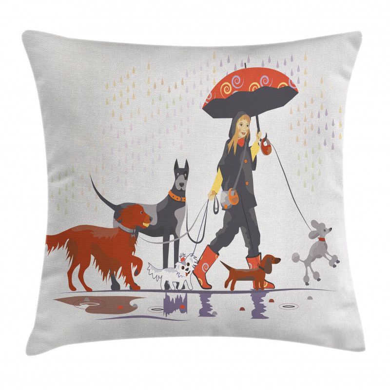 Girl with Dogs in Rain Pillow Cover