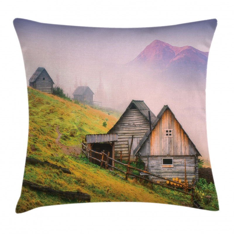 Wooden Houses Mountain Pillow Cover