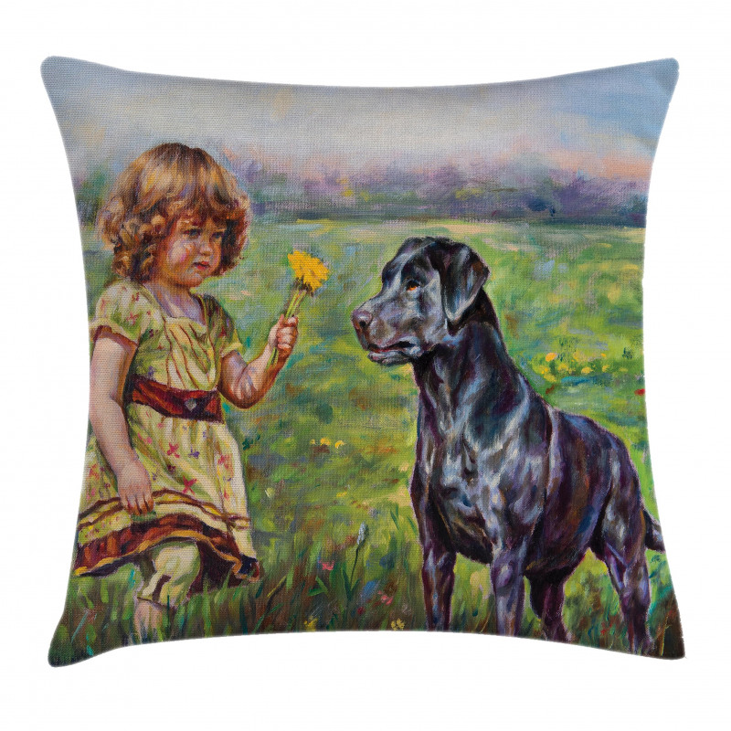 Flower Dog with a Girl Pillow Cover