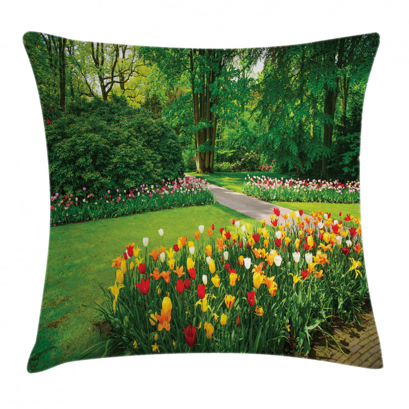 Garden with Tulips Trees Pillow Cover