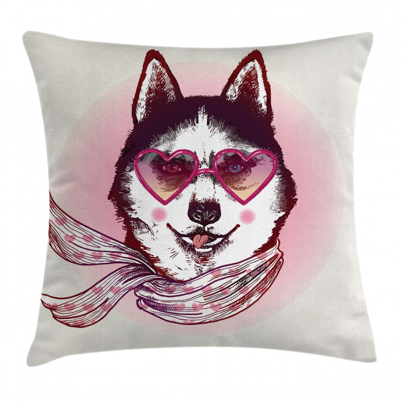 Hipster Husky Dog Hearts Pillow Cover