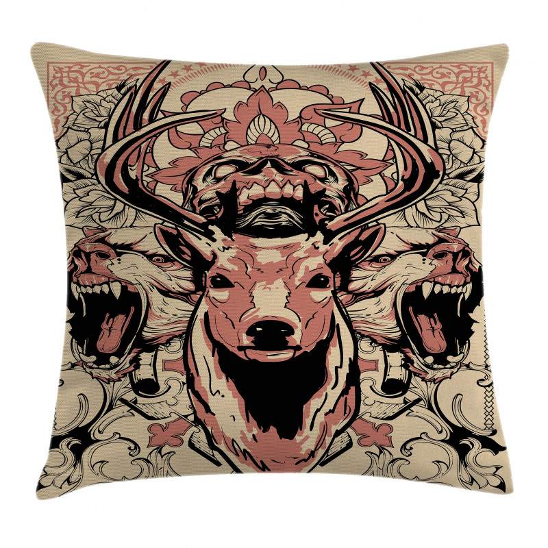 Floral Skull and Wolves Pillow Cover