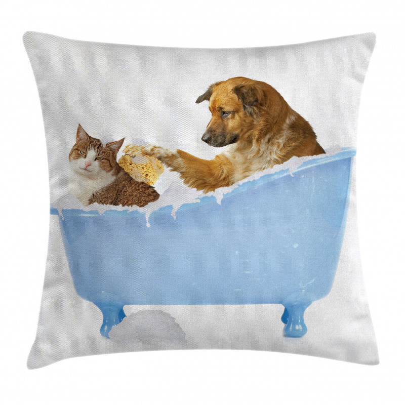 Dog and Cat in Bathtub Pillow Cover