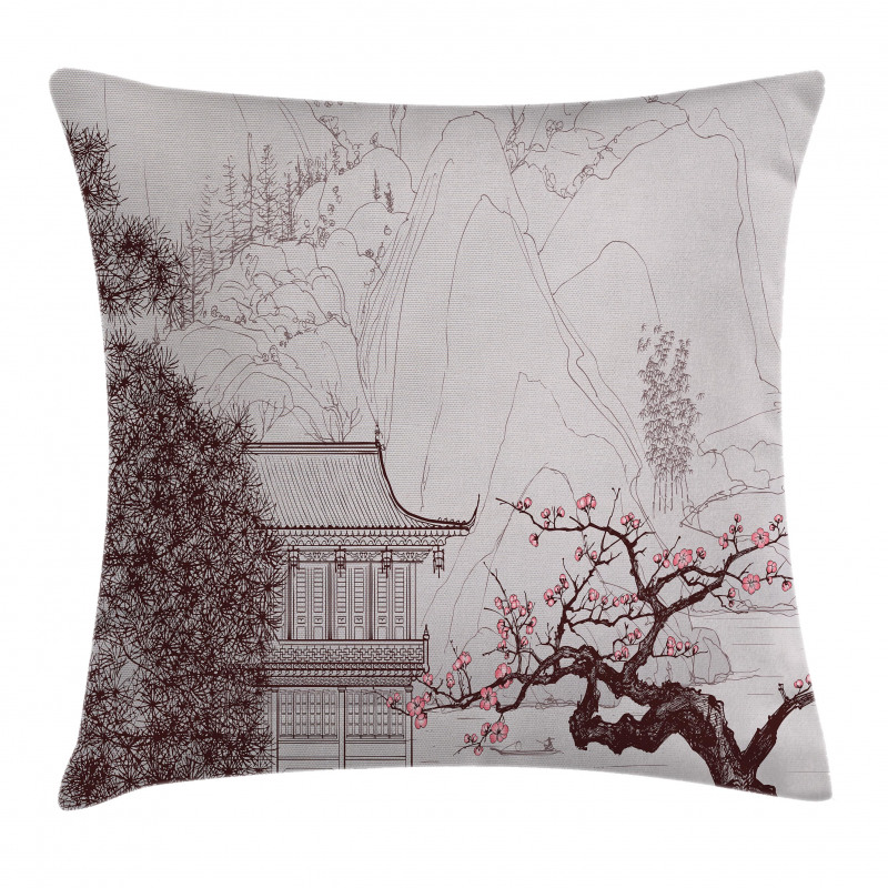 Sakura Trees and Mountain Pillow Cover