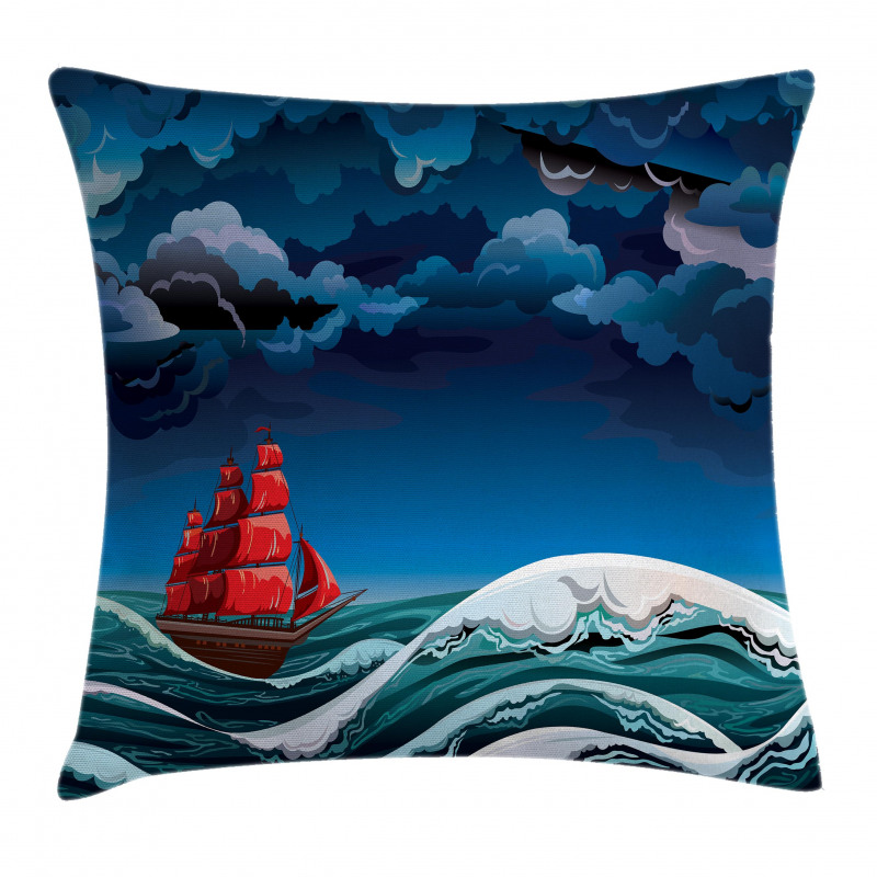 Cartoon Ship on Waves Pillow Cover