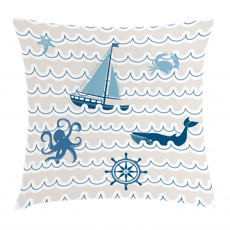 Cartoon Ship Whale Waves Pillow Cover