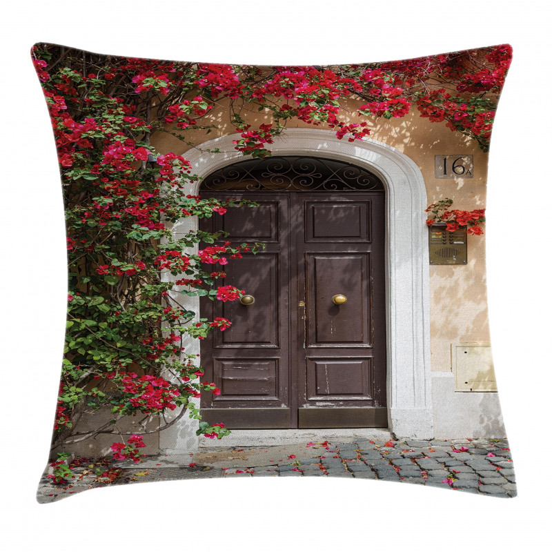 Old Door with Flowers Pillow Cover
