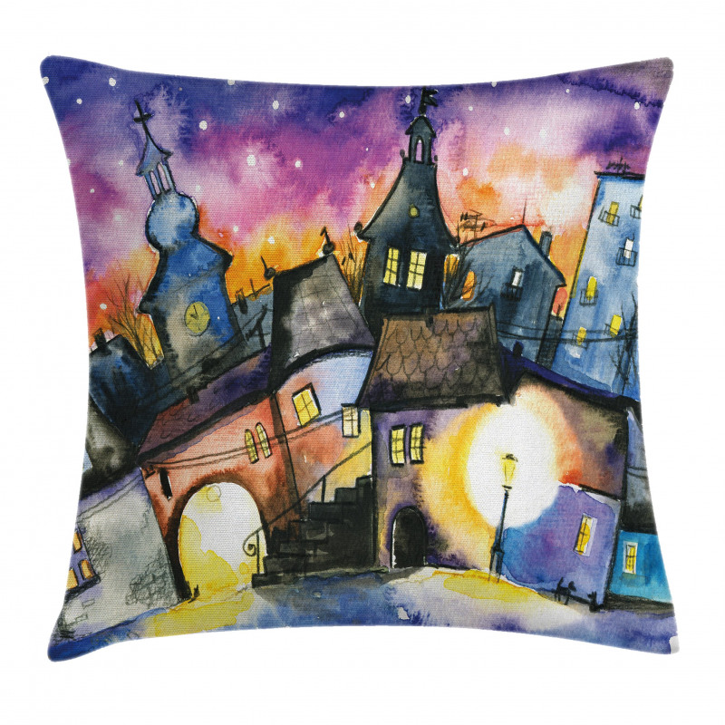 Town Night Watercolor Pillow Cover
