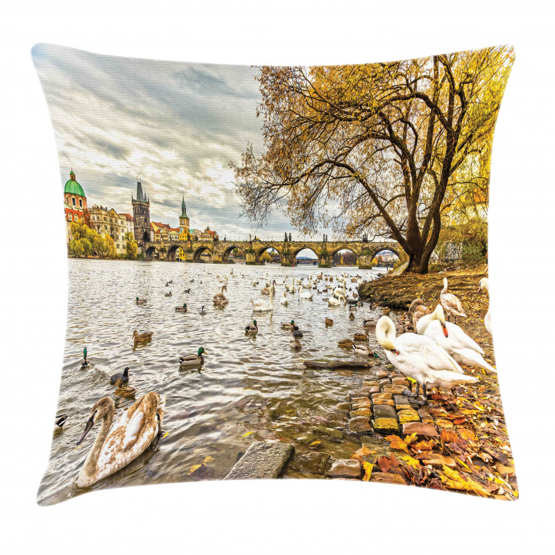 Swimming Swans in River Pillow Cover