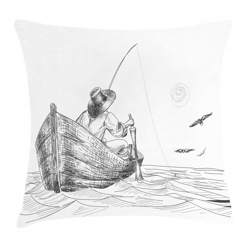 Fisherman on Boat Sketch Pillow Cover