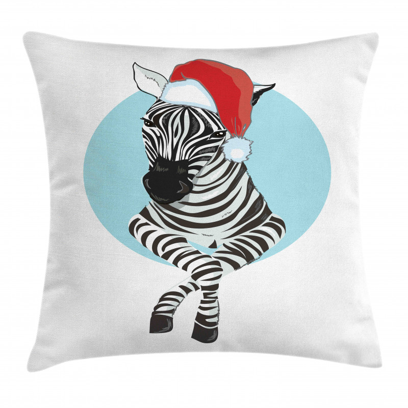 Yeniyıl Minder Kılıfı Mavi Daire İçinde Noel Baba Şapkalı Zebra 