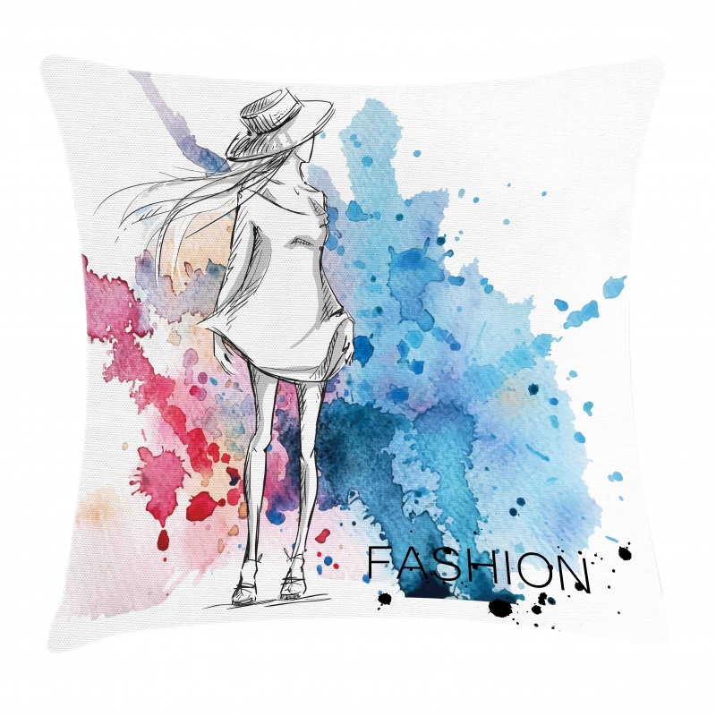 Fashion Lady with Hat Pillow Cover
