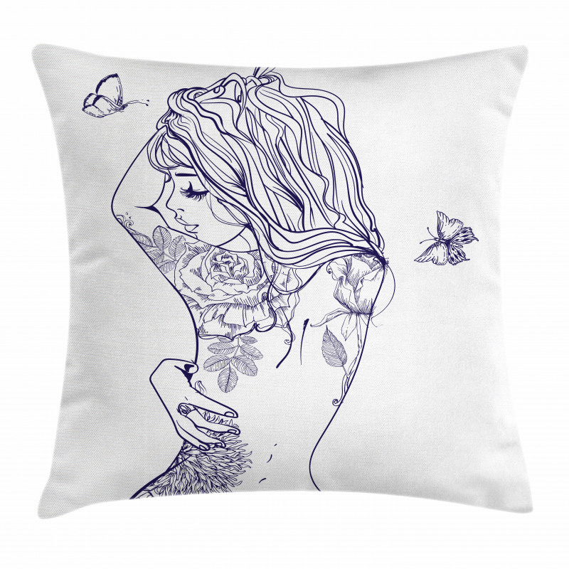 Young Girl with Tattoo Pillow Cover