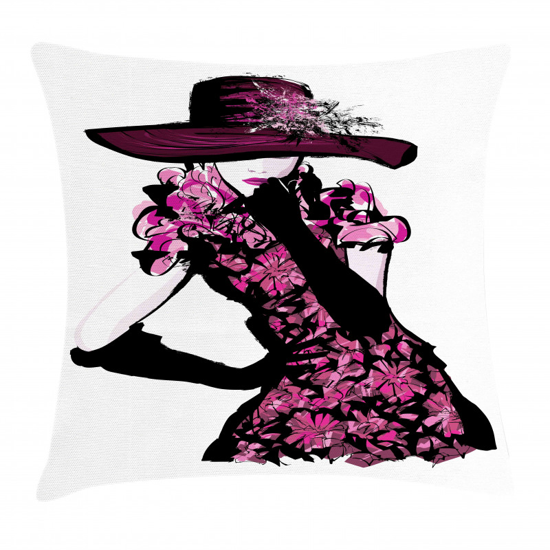 Woman in Floral Dress Pillow Cover