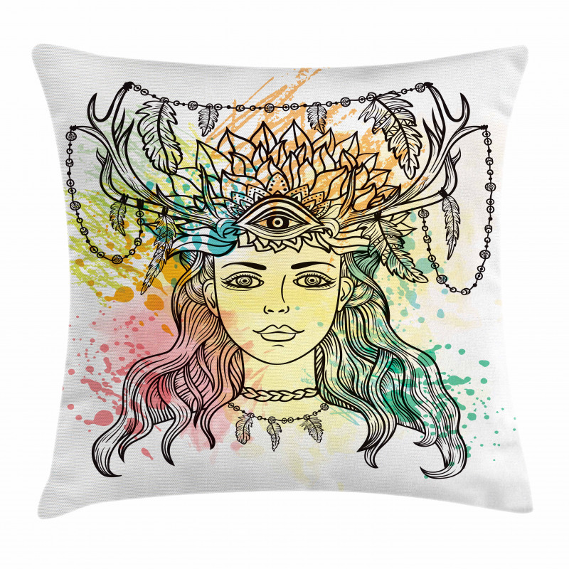 Female Shaman Feathers Pillow Cover